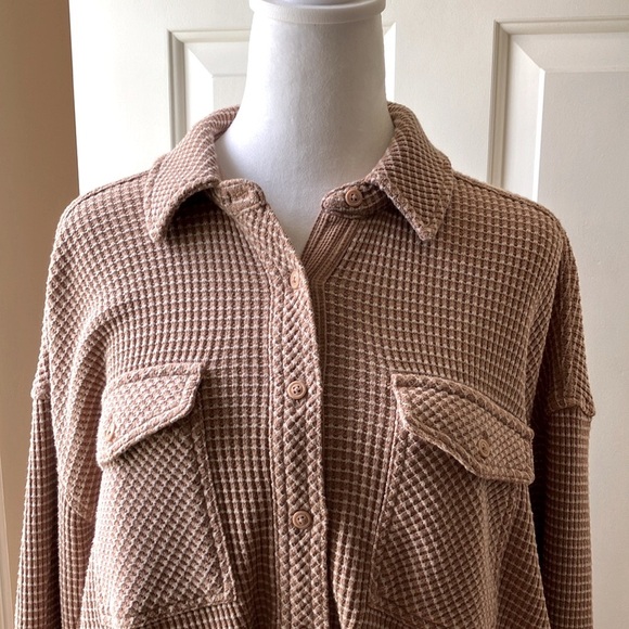Aerie Women’s Textured Waffle Shirt Long Sleeve Brown & Cream Size Oversized XXS - Picture 5 of 16